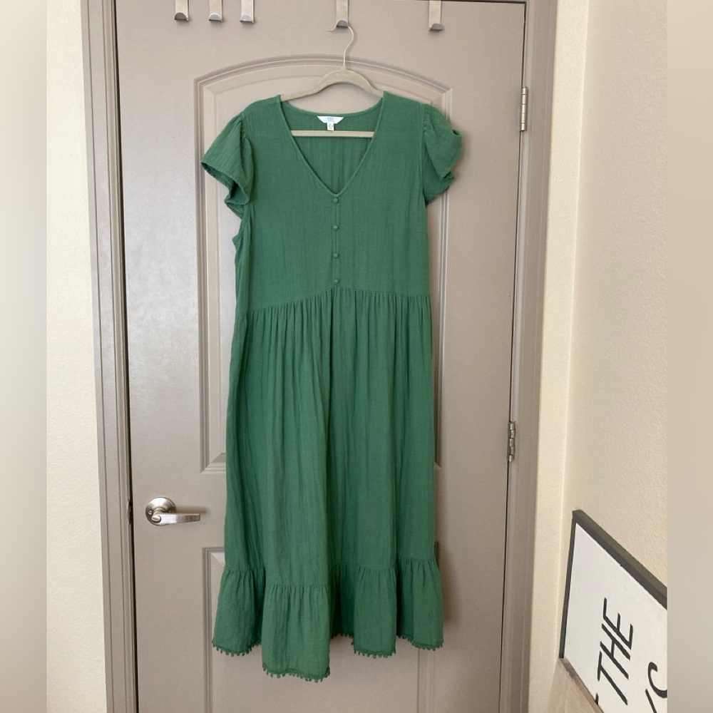 Green linen prairie dress